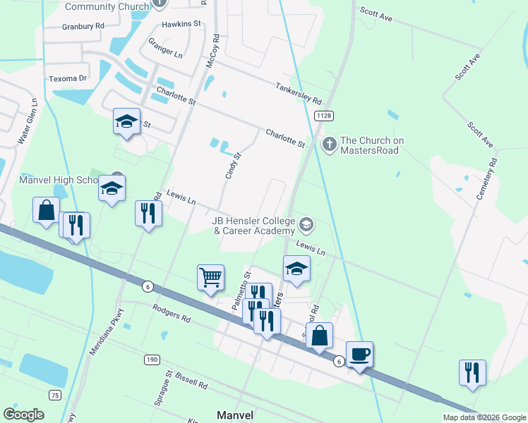 map of restaurants, bars, coffee shops, grocery stores, and more near 7043 Terra Drive in Manvel