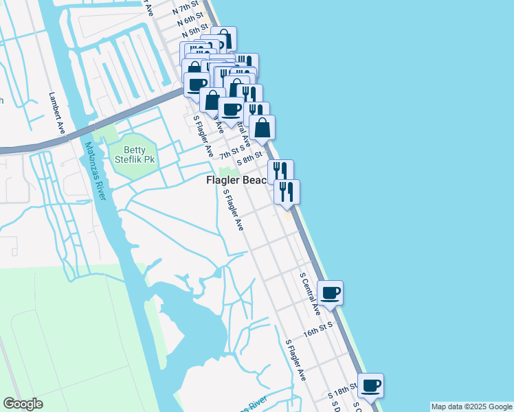 map of restaurants, bars, coffee shops, grocery stores, and more near 1111 South Daytona Avenue in Flagler Beach
