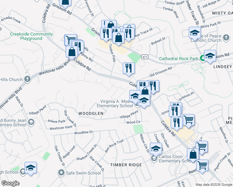 map of restaurants, bars, coffee shops, grocery stores, and more near 4131 Talavera Trail in San Antonio