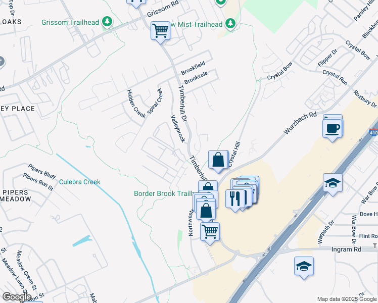 map of restaurants, bars, coffee shops, grocery stores, and more near 4115 Timberhill in San Antonio