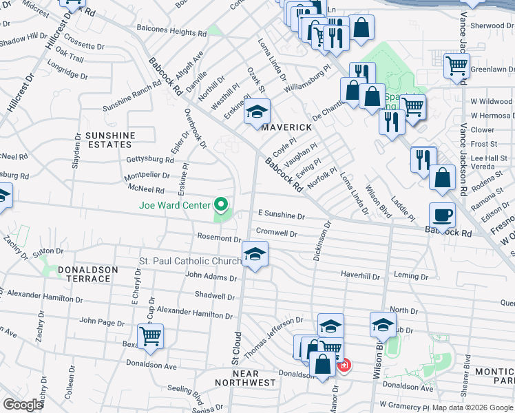 map of restaurants, bars, coffee shops, grocery stores, and more near in San Antonio