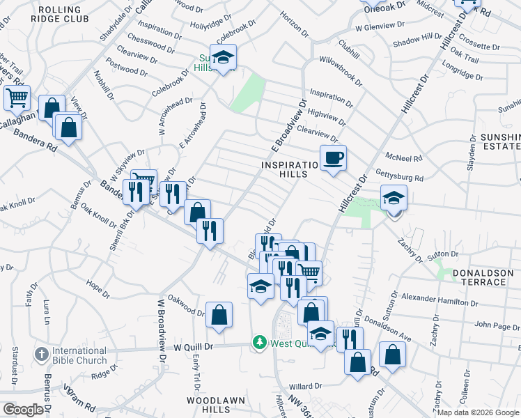 map of restaurants, bars, coffee shops, grocery stores, and more near 119 Sunnyland Drive in San Antonio
