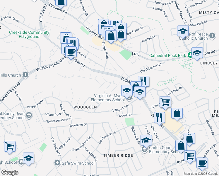 map of restaurants, bars, coffee shops, grocery stores, and more near 4131 Talavera Trail in San Antonio