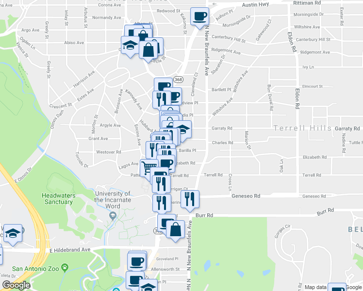 map of restaurants, bars, coffee shops, grocery stores, and more near 111 Barilla Place in Alamo Heights