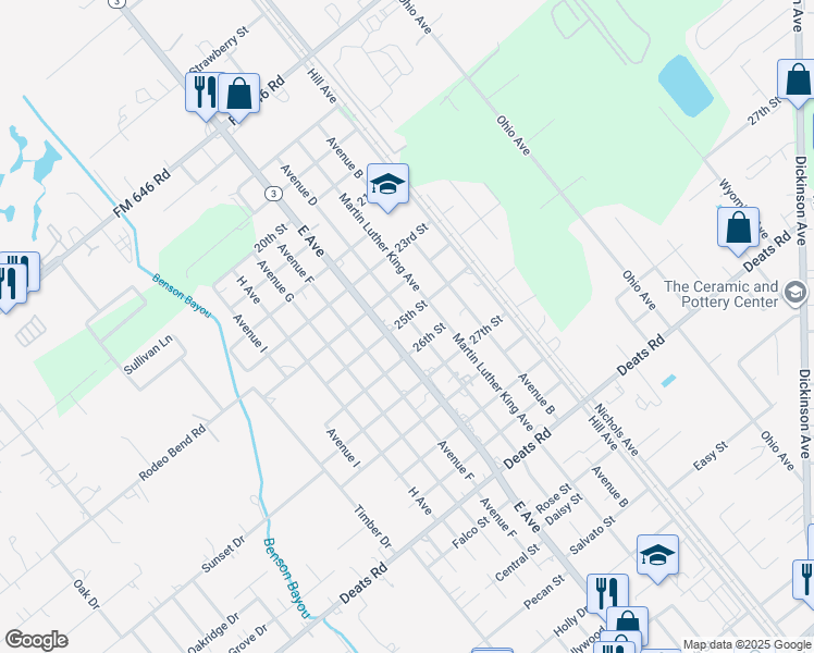 map of restaurants, bars, coffee shops, grocery stores, and more near 2504 Avenue D in Dickinson