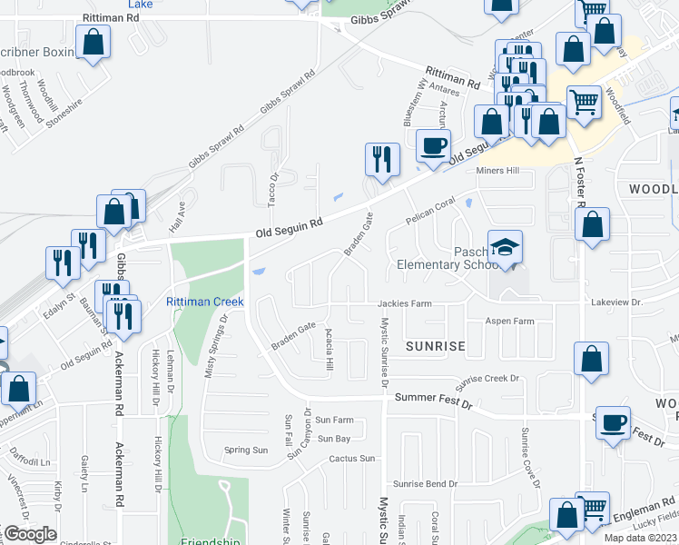map of restaurants, bars, coffee shops, grocery stores, and more near 5010 Braden Gate in San Antonio
