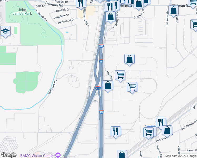 map of restaurants, bars, coffee shops, grocery stores, and more near I-35 & I-410 in San Antonio