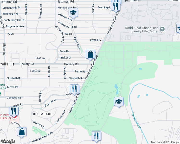map of restaurants, bars, coffee shops, grocery stores, and more near 1402 Harry Wurzbach Road in San Antonio