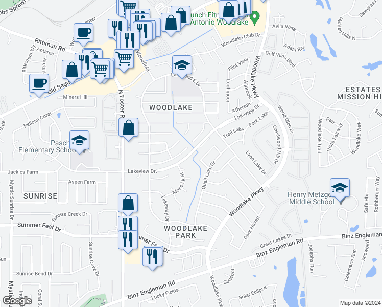 map of restaurants, bars, coffee shops, grocery stores, and more near 5323 Fountain Lake Drive in San Antonio