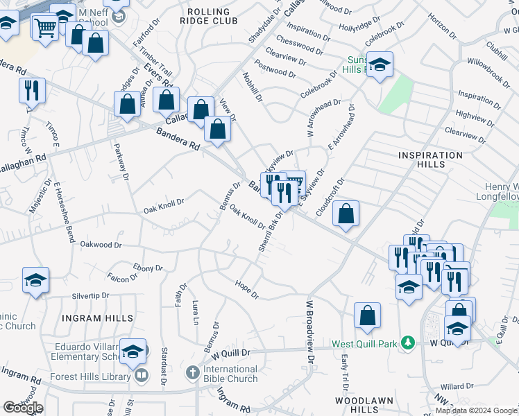 map of restaurants, bars, coffee shops, grocery stores, and more near 115 Oak Knoll Drive in San Antonio