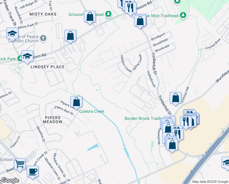 map of restaurants, bars, coffee shops, grocery stores, and more near 4114 Creek Run in San Antonio