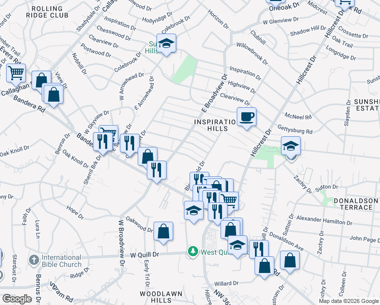 map of restaurants, bars, coffee shops, grocery stores, and more near 119 Sunnyland Drive in San Antonio