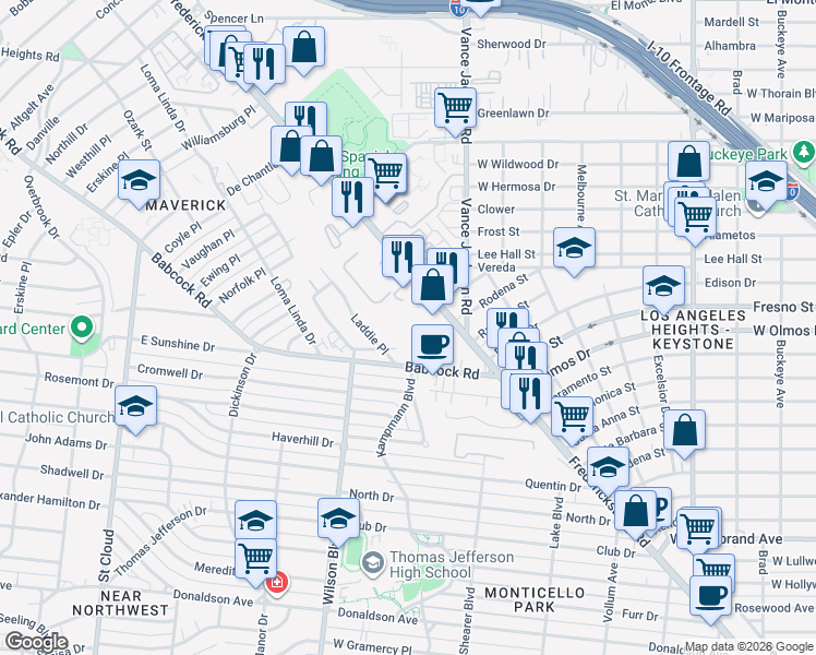 map of restaurants, bars, coffee shops, grocery stores, and more near 3435 Fredericksburg Road in San Antonio