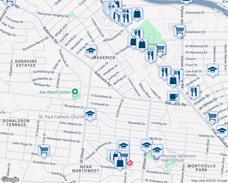 map of restaurants, bars, coffee shops, grocery stores, and more near 424 Babcock Road in San Antonio