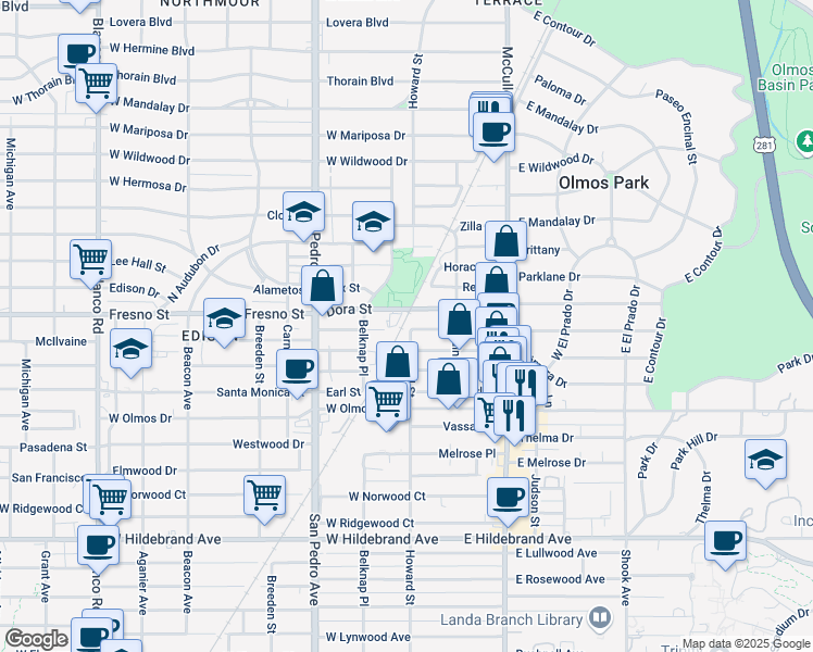 map of restaurants, bars, coffee shops, grocery stores, and more near 3900 Howard Street in San Antonio