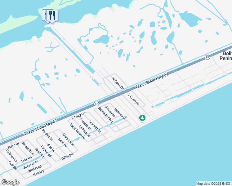 map of restaurants, bars, coffee shops, grocery stores, and more near 1000 North Stingaree Drive in Bolivar Peninsula
