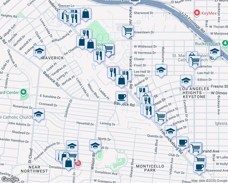 map of restaurants, bars, coffee shops, grocery stores, and more near 3435 Fredericksburg Road in San Antonio