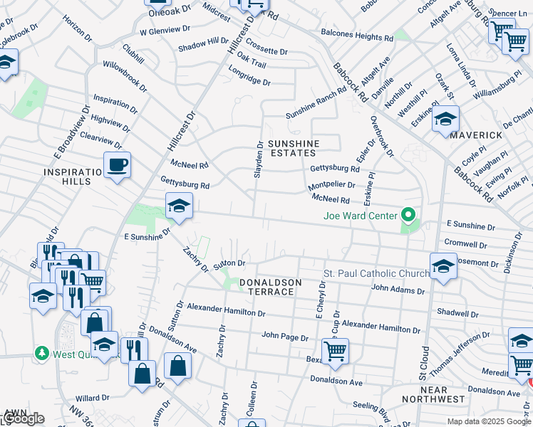 map of restaurants, bars, coffee shops, grocery stores, and more near 874 East Sunshine Drive in San Antonio