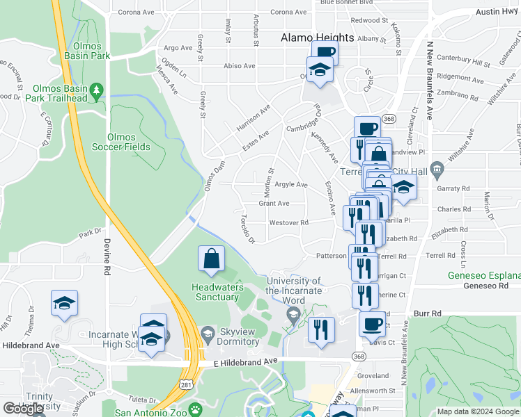 map of restaurants, bars, coffee shops, grocery stores, and more near 206 Grant Avenue in Alamo Heights