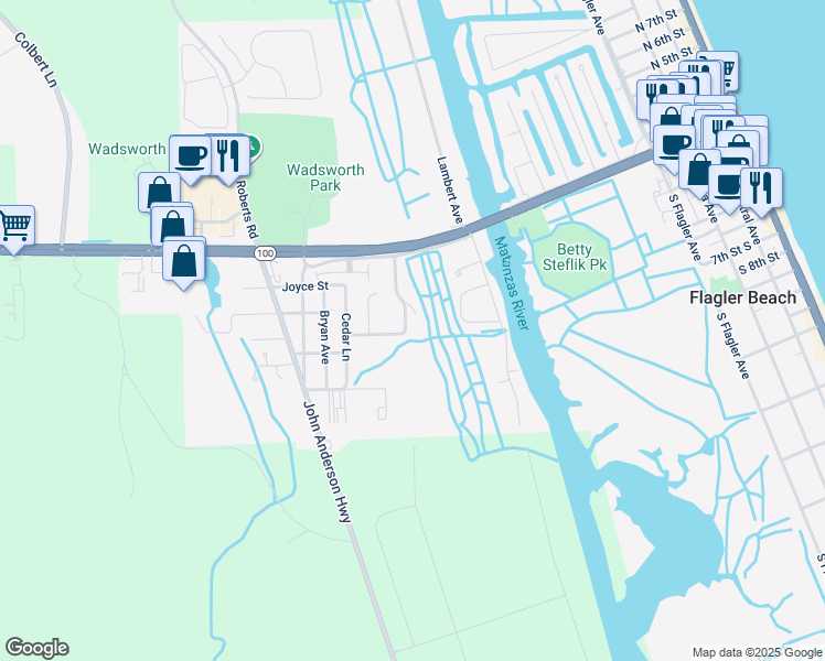map of restaurants, bars, coffee shops, grocery stores, and more near 69 Village Drive in Flagler Beach