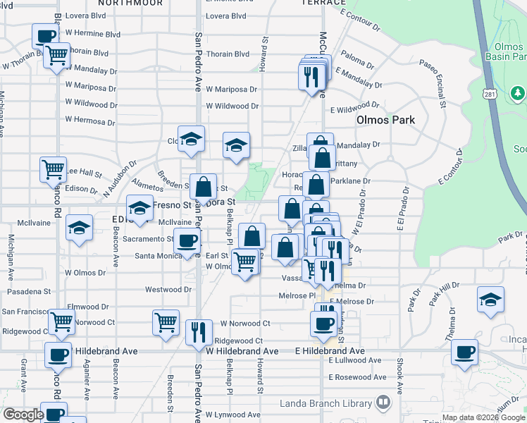 map of restaurants, bars, coffee shops, grocery stores, and more near 3900 Howard Street in San Antonio
