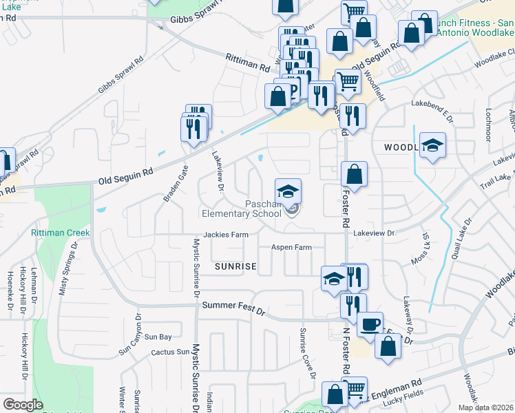 map of restaurants, bars, coffee shops, grocery stores, and more near 4919 Viking Coral in San Antonio