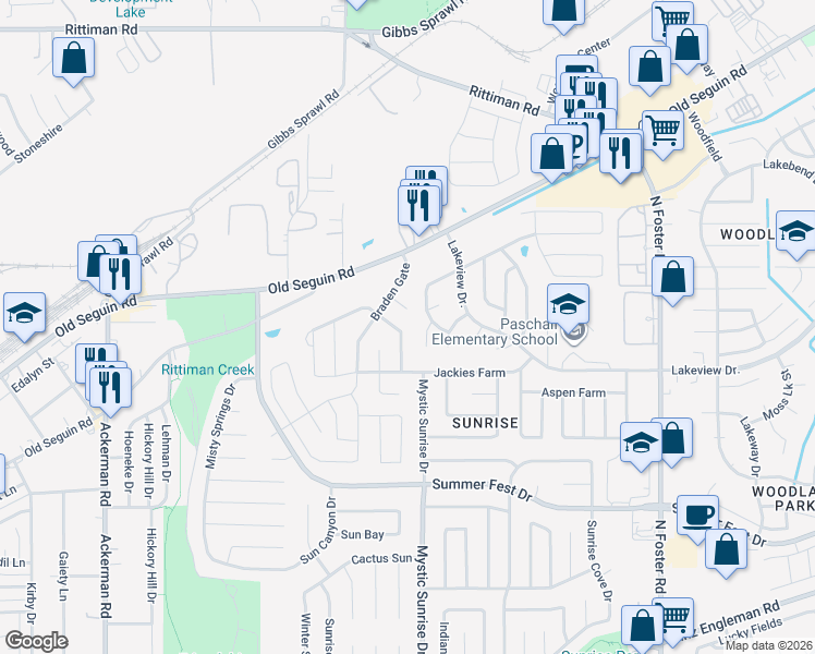map of restaurants, bars, coffee shops, grocery stores, and more near 4931 Sunset Bluff in San Antonio