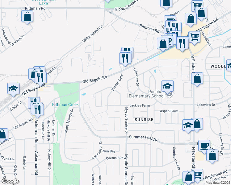map of restaurants, bars, coffee shops, grocery stores, and more near 4931 Sunset Bluff in San Antonio