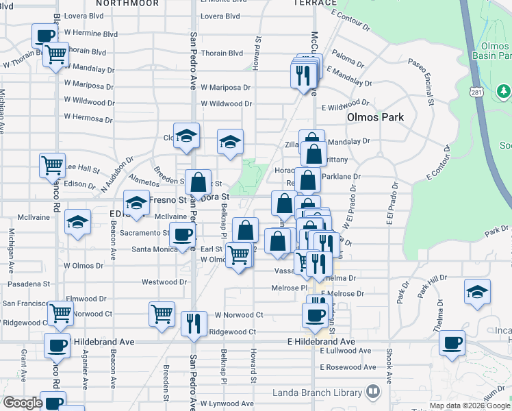 map of restaurants, bars, coffee shops, grocery stores, and more near 3900 Howard Street in San Antonio