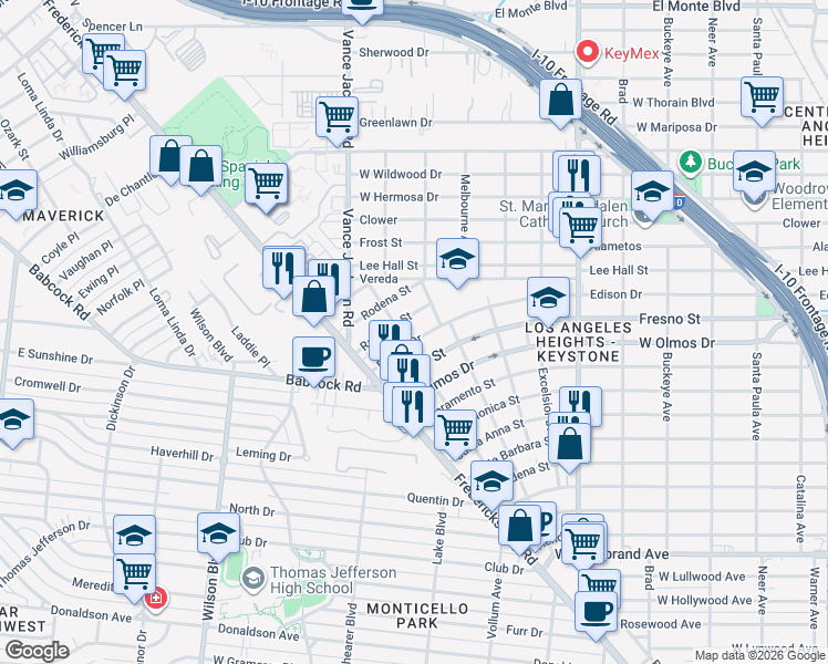 map of restaurants, bars, coffee shops, grocery stores, and more near 2228 Edison Drive in San Antonio