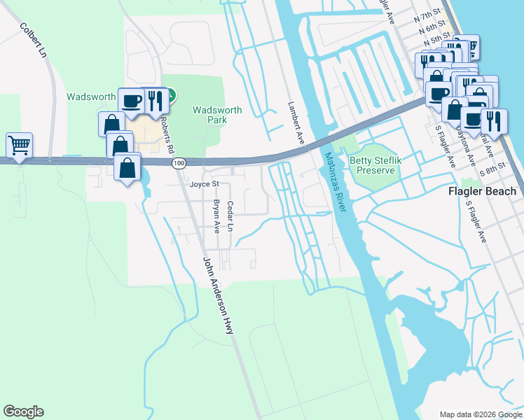 map of restaurants, bars, coffee shops, grocery stores, and more near 72 Forest Road in Flagler Beach