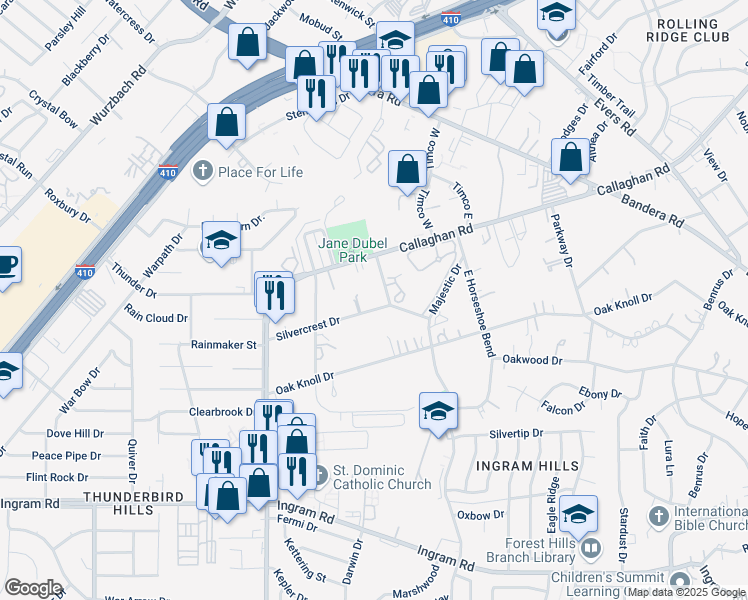 map of restaurants, bars, coffee shops, grocery stores, and more near 5710 Silvercrest Drive in San Antonio