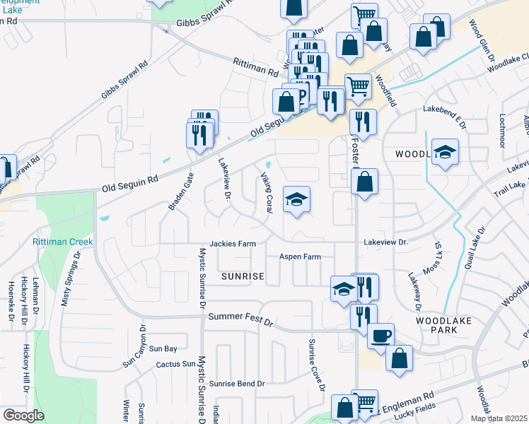 map of restaurants, bars, coffee shops, grocery stores, and more near 4919 Viking Coral in San Antonio