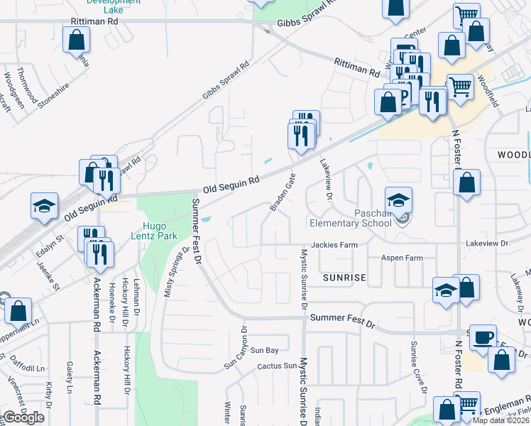 map of restaurants, bars, coffee shops, grocery stores, and more near 4931 Braden Gate in San Antonio