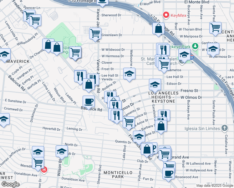 map of restaurants, bars, coffee shops, grocery stores, and more near 2228 Edison Drive in San Antonio