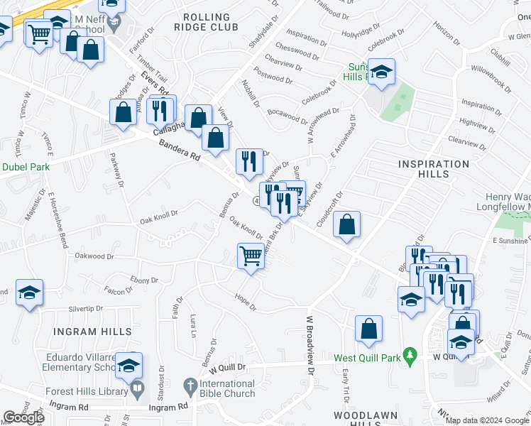 map of restaurants, bars, coffee shops, grocery stores, and more near 115 Oak Knoll Drive in San Antonio