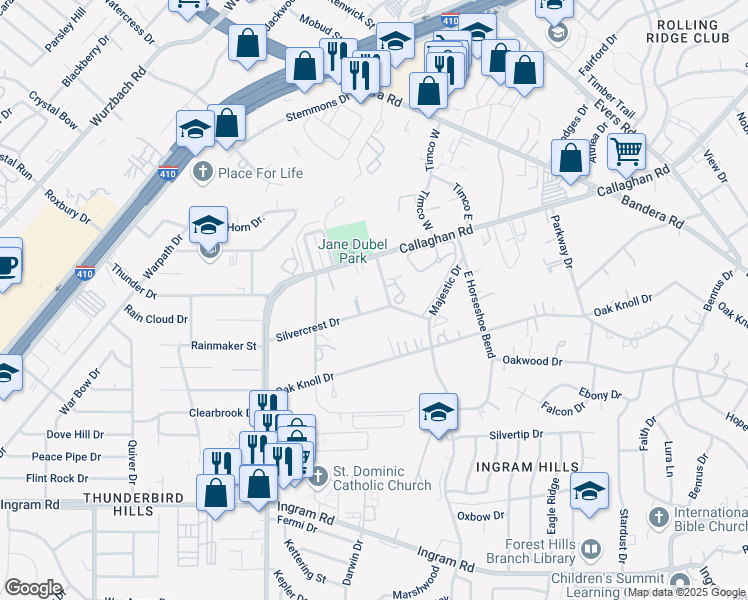 map of restaurants, bars, coffee shops, grocery stores, and more near 5710 Silvercrest Drive in San Antonio