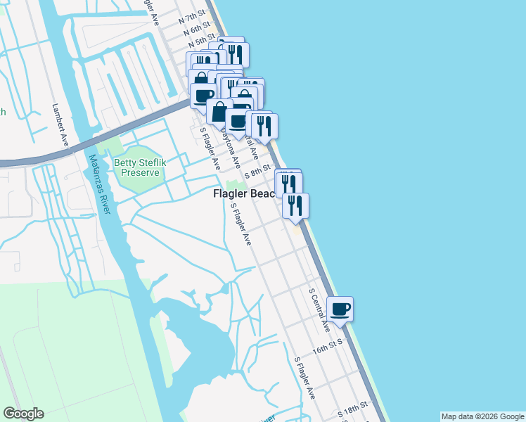 map of restaurants, bars, coffee shops, grocery stores, and more near 1111 South Daytona Avenue in Flagler Beach