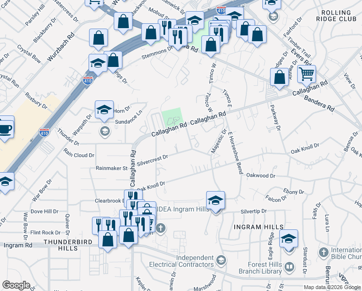 map of restaurants, bars, coffee shops, grocery stores, and more near 5710 Silvercrest Drive in San Antonio