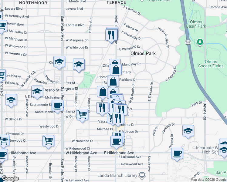 map of restaurants, bars, coffee shops, grocery stores, and more near 102 Luther Drive in San Antonio