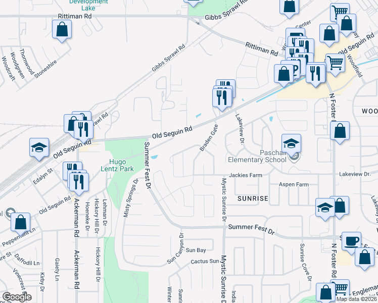 map of restaurants, bars, coffee shops, grocery stores, and more near 4931 Braden Gate in San Antonio