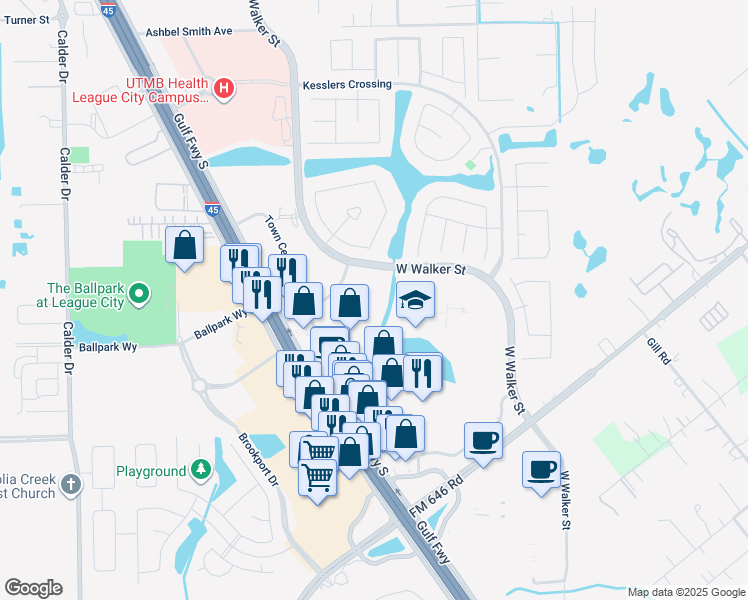 map of restaurants, bars, coffee shops, grocery stores, and more near 2520 Gulf Freeway South in League City