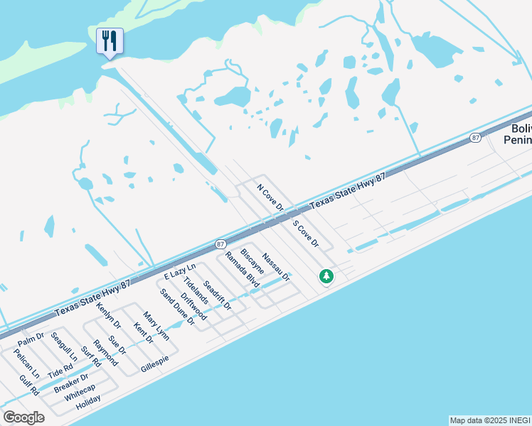 map of restaurants, bars, coffee shops, grocery stores, and more near 1000 North Stingaree Drive in Bolivar Peninsula