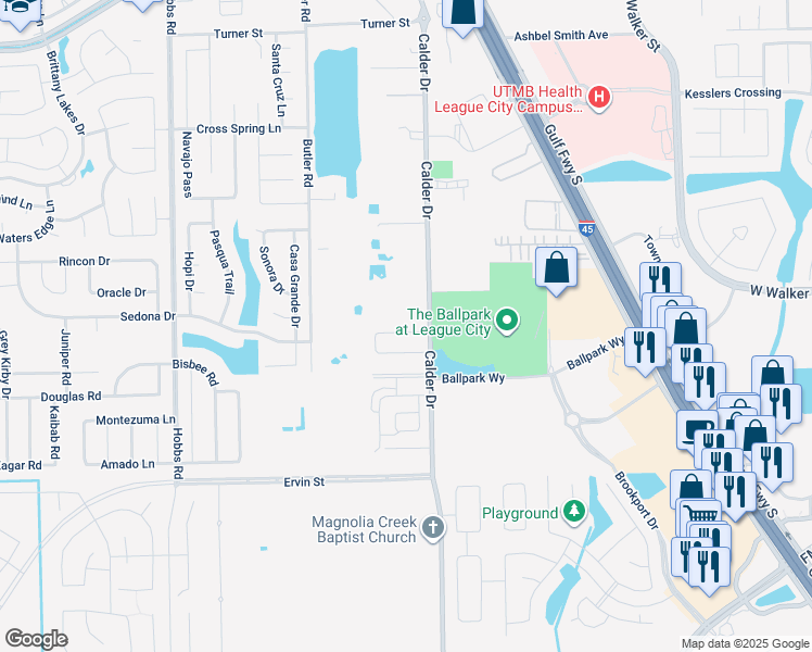 map of restaurants, bars, coffee shops, grocery stores, and more near 1212 Oleander Lane in League City