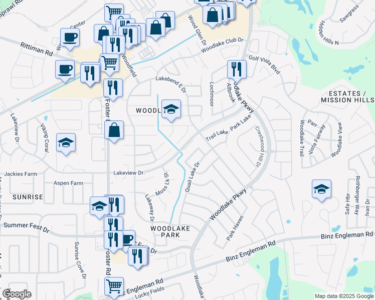 map of restaurants, bars, coffee shops, grocery stores, and more near 6819 Quail Lake Drive in San Antonio