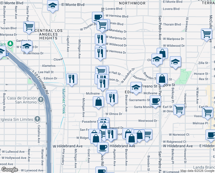 map of restaurants, bars, coffee shops, grocery stores, and more near 866 Fresno Drive in San Antonio