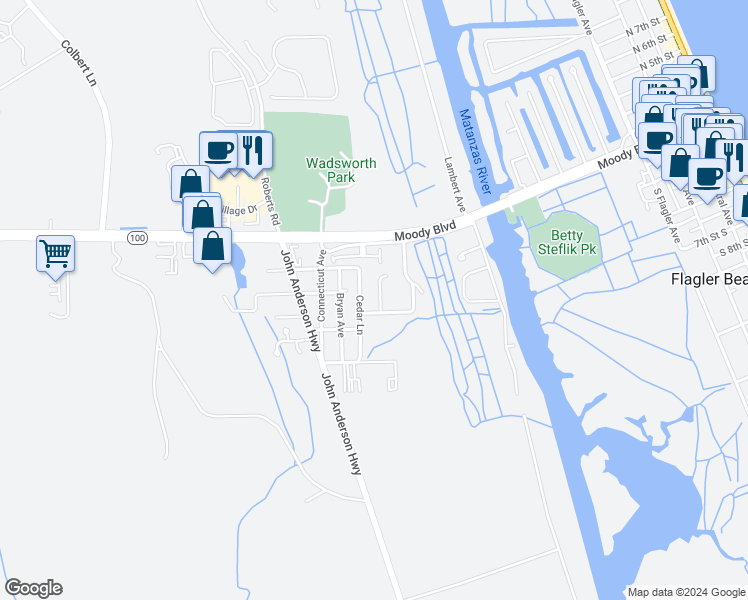 map of restaurants, bars, coffee shops, grocery stores, and more near 123 Oak Lane in Flagler Beach