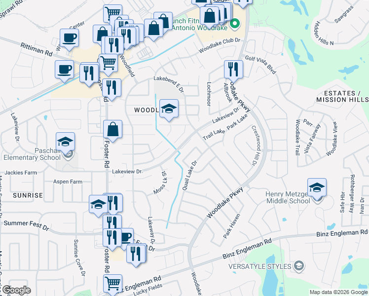 map of restaurants, bars, coffee shops, grocery stores, and more near 6819 Quail Lake Drive in San Antonio