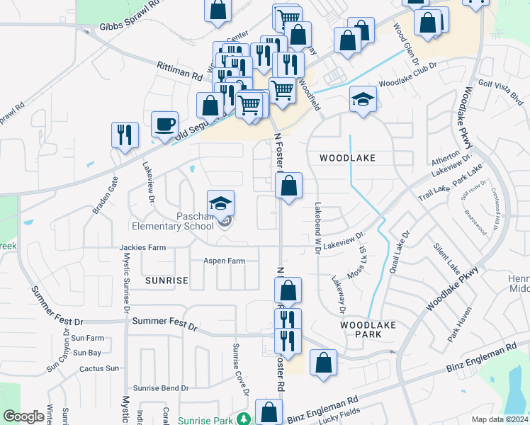 map of restaurants, bars, coffee shops, grocery stores, and more near 5121 North Foster Road in San Antonio