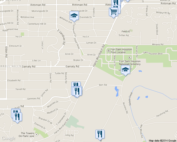 map of restaurants, bars, coffee shops, grocery stores, and more near 1402 Harry Wurzbach Road in San Antonio